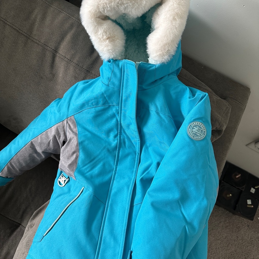 ZeroXposur Kids Aqua and Gray Puffer Jacket with Faux Fur Hood